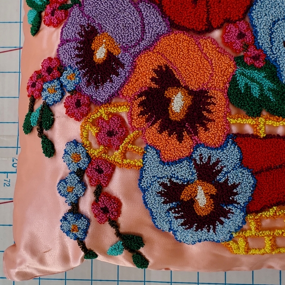 Punch Needle Embroidered Pillow Pansy Bow Floral 17"x14" Cottagecore Satiny - Picture 2 of 7